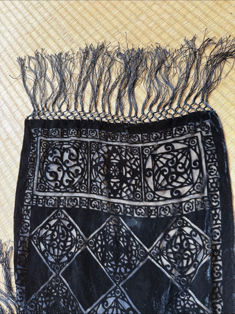 Black Velvet Burn out Geometric Patterned Scarf Wrap